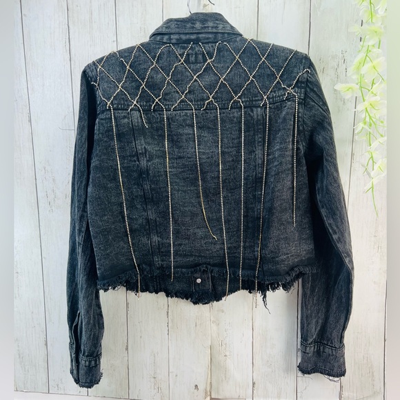 Thrill Jeans Y2K Women's Dark Gray Rhinestone Tassels Cropped Denim Jacket Large - Picture 10 of 15